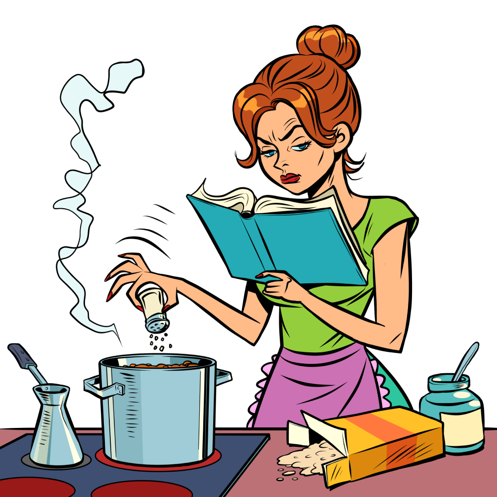 Woman cooking something on the stove trying to read the recipe with a confused look